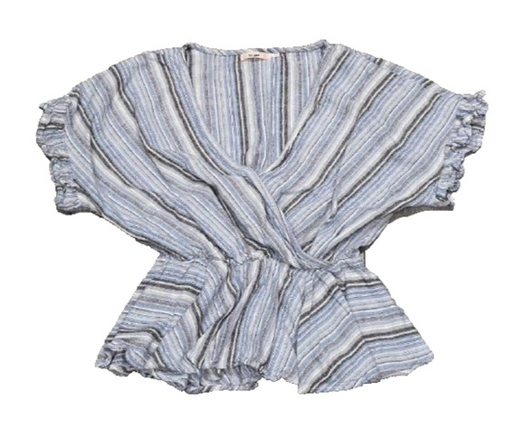 Mi ami Tops - Mi Ami Women Blue Stripe Linen preppy Peplum Blouse Ruffle Wrap V-Neck S A005918